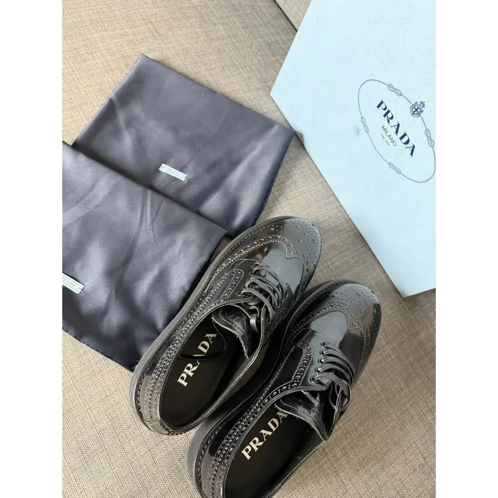 New Prada Leather Platform Brogue Derby Dress Shoes Sneakers Black Size 35.5